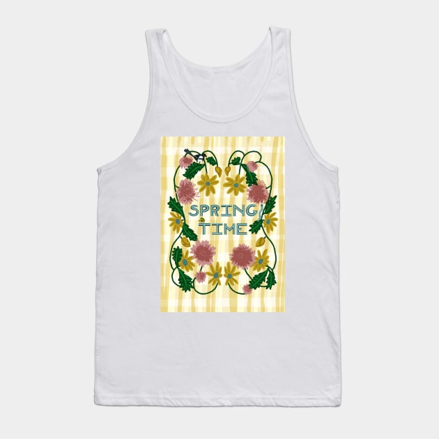 Spring Time Floral Wreath with Yellow Daisies, Caterpillar, Magpie, and Ladybug on Plaid | pink, yellow Tank Top by Ipoole